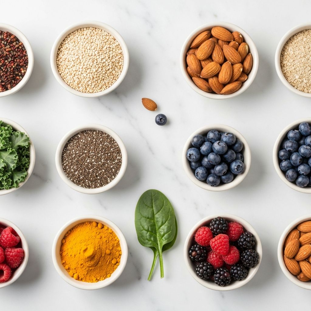 Fresh superfoods — quinoa, nuts, berries and turmeric